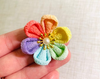 2-way Japanese Kanzashi Rainbow Flower Brooch, Sakura Hair Clip Blossom kimono Fabric Pin Badge, positive affirmation gift, Pride LGBTQ