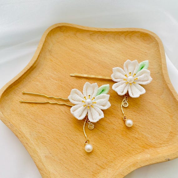 Set of 2 White Sakura Bridal Hair Pins, Japanese Cherry