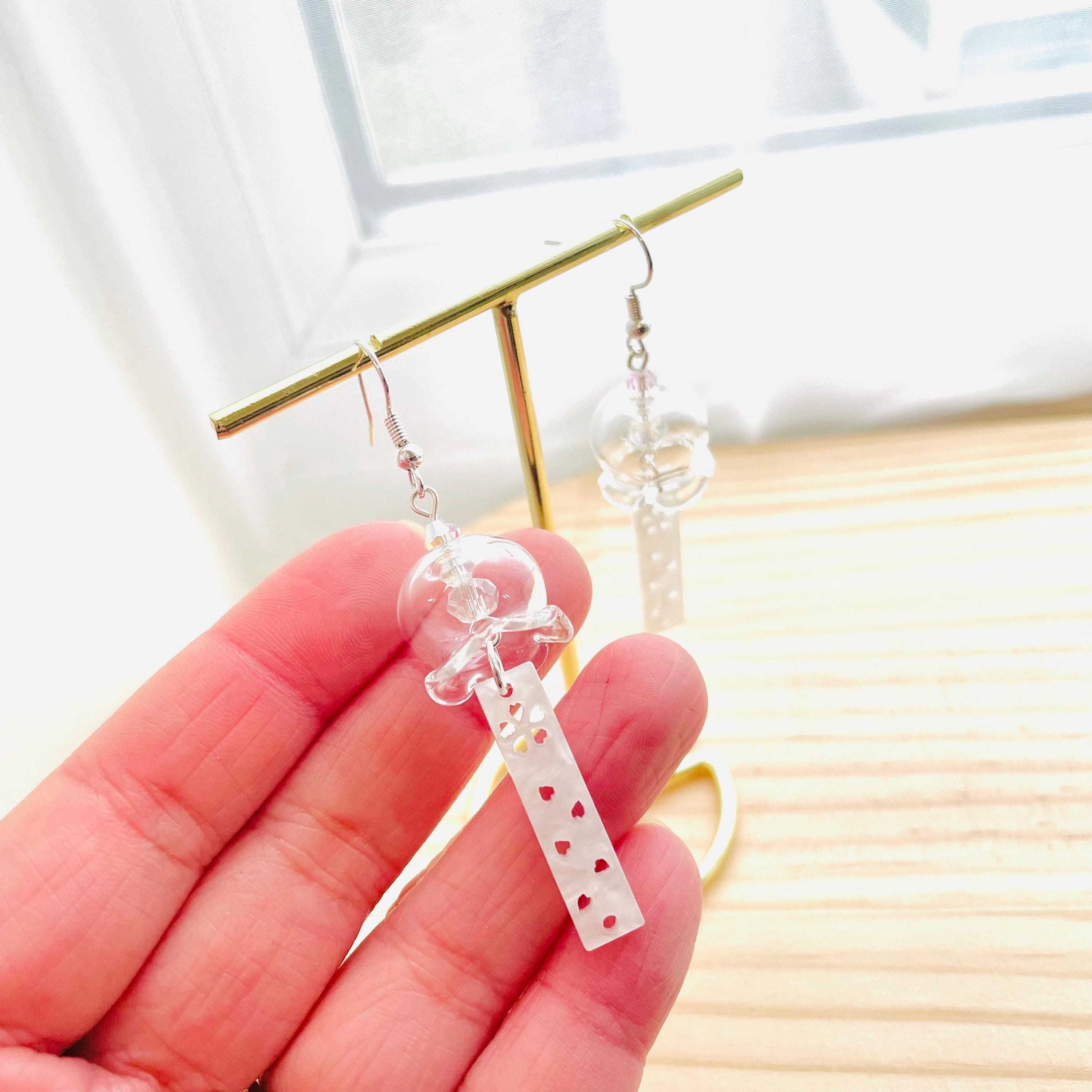 Japanese Glass Wind Chime Earrings, 925 Silver, Furin Dangle Drop