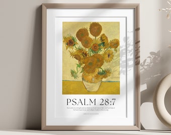 Printable Psalm 28 The Lord is my Strength and my Shield Christian Artwork, Vincent Van Gogh Sunflowers, Modern Christian Art, Home Decor