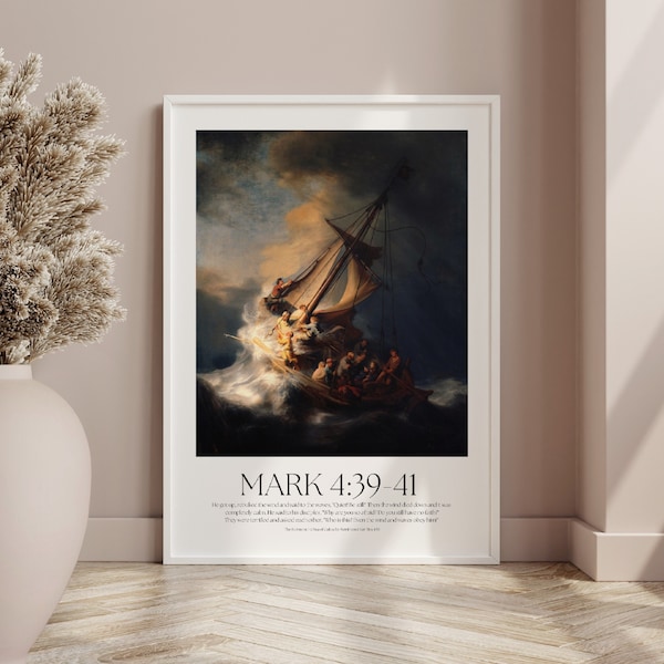 Druckbares Rembrandt Mark 4 Bibelvers christliches Kunstwerk, Sturm auf dem See von Galiläa, Moderne christliche Kunst, Christliches Geschenk Vintage Dekor