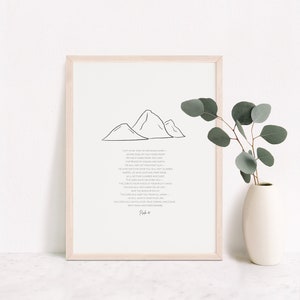 Printable Christian Line Art, Psalm 121 I lift my eyes to the mountains Bible Verse, Black and White Modern Wall Decor, Biblical Wall Art