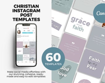 May include: A set of 60 Instagram post templates for Christian social media. The templates feature a variety of colors and designs, including quotes about faith, love, and God. The templates are easy to edit and customize.