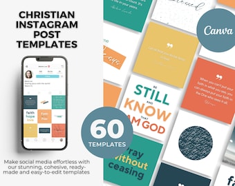 May include: A collection of 60 customizable Instagram post templates for Christian content creators. The templates feature a variety of colors and designs, including quotes, scripture verses, and inspirational messages. The templates are easy to edit and can be used to share your faith with your followers.