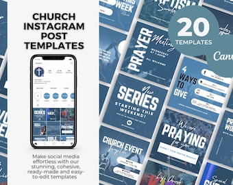 May include: A collection of 20 blue and white Instagram post templates for churches. The templates feature various designs with text such as "New Series", "Prayer Meeting", "4 Ways to Give", and "We are Praying".