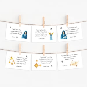 Riempitivo del calendario dell'Avvento di Natale per bambini. Biglietti con le Scritture. Attività stampabile dell'Avvento con la Bibbia del Presepe di Natale per le vacanze e la scuola a casa