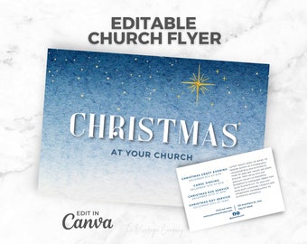 Peut inclure: Flyer d'église éditable avec un fond aquarelle bleu et des étoiles dorées. Le texte "Noël à votre église" est en blanc. Le flyer comprend des informations sur les événements de Noël, notamment une soirée artisanale, des chants de Noël, un service de la veille de Noël et un service du jour de Noël.