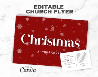 May include: Red flyer with white snowflakes and the text "Christmas at your church". The flyer also includes a smaller white card with the text "Card Service Monday 21 at 8:30pm, Christmas Eve Thursday 24 at 7:00pm, Christmas Day Friday 25 at 10:00am".