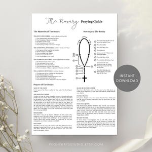 Peut inclure: Un guide imprimable pour prier le Rosaire, avec un diagramme et des instructions. Le document comprend des sections sur les Mystères du Rosaire, les prières et comment prier. Un graphique circulaire "Téléchargement instantané" est à droite.
