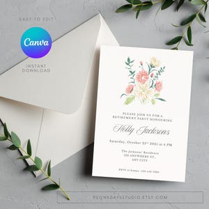 Editable Retirement Party Invitation | Canva Template with Hand-Drawn Flowers | Beige Neutral Design | Digital Download Invite | Easy Edit