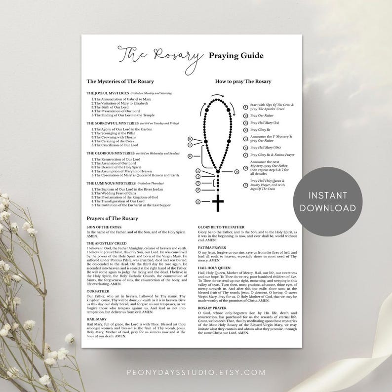 May include: A white informational sheet titled The Rosary Praying Guide with black text. It lists the Joyful, Sorrowful, Glorious, and Luminous Mysteries, instructions on how to pray the rosary with a diagram, and various prayers like the Apostles Creed.