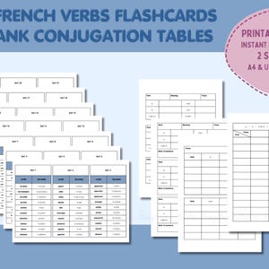 390 French Verbs Printable Print Cut Flashcards with Blank Conjugation Tables - Perfect for Beginner Learners