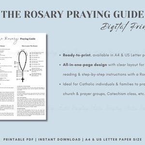 May include: A digital Rosary Praying Guide document featuring a black and white layout with text, a diagram of a rosary, and instructions. The text includes The Rosary Praying Guide, The Mysteries of The Rosary, and Prayers of the Rosary in English.
