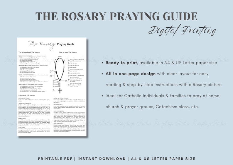 May include: A digital Rosary Praying Guide document featuring a black and white layout with text, a diagram of a rosary, and instructions. The text includes The Rosary Praying Guide, The Mysteries of The Rosary, and Prayers of the Rosary in English.