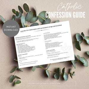 以下が含まれることがあります： 「A Guide to Confession and Sacrament of Reconciliation」というテキストが書かれた白いカトリック告白ガイド。ガイドには、準備、良心の検査、悔い改めの行為に関するセクションが含まれています。「Instant Download」という言葉が左側の円の中にあります。