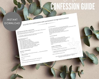 May include: A white Catholic Confession Guide with the text "A Guide to Confession and Sacrament of Reconciliation". The guide includes sections on preparation, examination of conscience, and acts of contrition. The words "Instant Download" are in a circle on the left.
