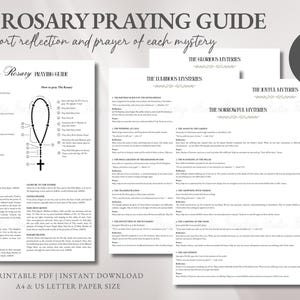 Può includere: Una guida alla preghiera del Rosario stampabile in formato PDF con testo nero su pagine bianche. Il documento include un diagramma di un rosario, elenchi dei misteri gaudiosi, dolorosi, gloriosi e luminosi, preghiere e riflessioni.