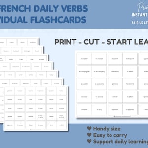 PDF IMPRIMÍVEL 390 Flashcards de verbos franceses | Carta A4 dos EUA | Cartões de estudo de verbos diários Aprendizagem de idiomas para iniciantes | Folhas de exercícios de conjugação de bônus
