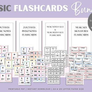 May include: A bundle of music flashcards with four sets: 2 Octaves Music Notes, 2 Octaves Piano Notes, Music Notes Value & Rests Value, and Music Key Signatures. The flashcards are in various colors and feature musical notes and symbols. The text "MUSIC FLASHCARDS Bundle" is at the top.
