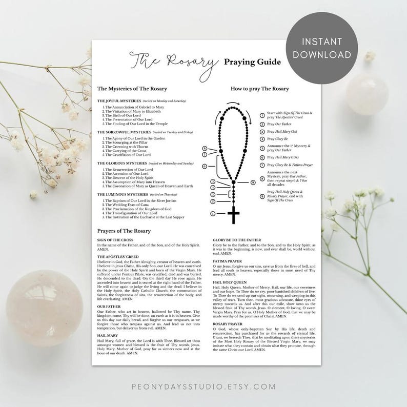 May include: A white informational sheet titled The Rosary Praying Guide featuring black text, a diagram of rosary beads with a cross, and lists of the Joyful, Sorrowful, Glorious, and Luminous Mysteries alongside various traditional Catholic prayers.