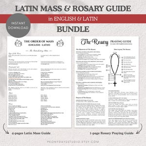 May include: A digital bundle featuring a four-page Latin Mass guide and a one-page Rosary praying guide in English and Latin. The documents include text, a diagram of a rosary, and candle illustrations, with the title Latin Mass & Rosary Guide.