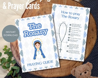 May include: Two prayer cards titled "The Rosary Praying Guide & Prayer Cards" are displayed. The front card features "The Rosary" in blue, with an illustration of the Virgin Mary. The second card details how to pray the Rosary. The words "Instant Download" are also visible.