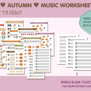 Pode incluir: Folhas de trabalho de música imprimíveis com tema de outono para crianças. As folhas de trabalho apresentam várias atividades, incluindo colorir, combinar e identificar notas. O conjunto inclui pautas em branco para prática.