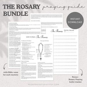 May include: A digital bundle of white paper sheets featuring black text titled The Rosary Praying Guide, How to Pray The Rosary with a diagram of rosary beads, and a Rosary Praying Tracker. The documents include lists of mysteries and prayers.