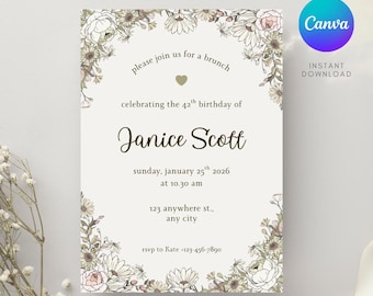 Sage Green Floral Birthday Invitation, Elegant Tea Party Invite (Digital Download)