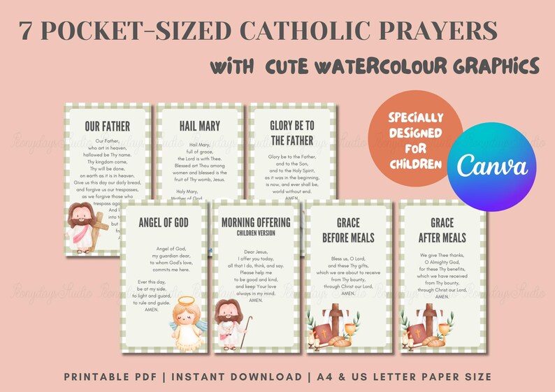 Catholic Prayers for Children: Watercolor Pocket Cards (2x3.5” Digital ...