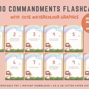 Könnte beinhalten: Zehn Karten mit Aquarellgrafiken, die die Zehn Gebote darstellen. Jede Karte zeigt ein Gebot, einen Regenbogen und ein Cartoon-Bild von Jesus. Der Text "The 10 Commandments Flashcards" steht oben.