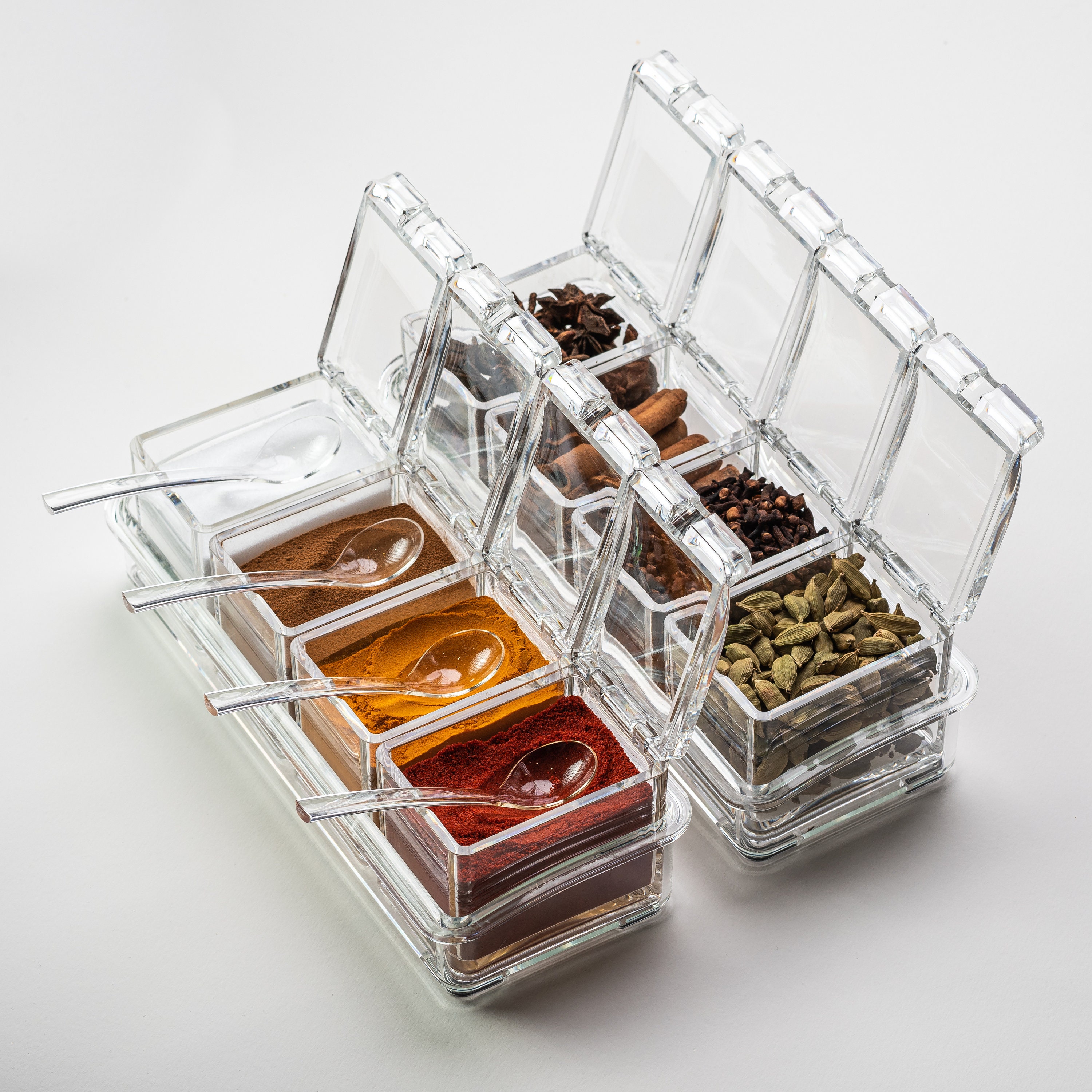 Masala, Spice Storage Container With Labels and 100g Spices in 4  Compartments on a Tray 