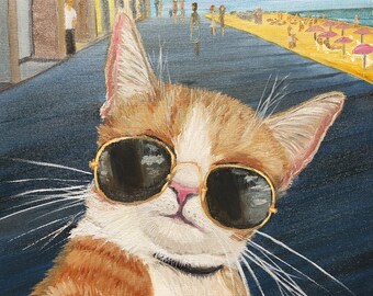 Un chat avec des lunettes prend un selfie, carré, peinture à l