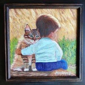 Después de la despedida habrá un encuentro, no me olvides, pintura al óleo sobre cartón enmarcado, tamaño total con marco de madera 28 x 28 cm (11 x 11")