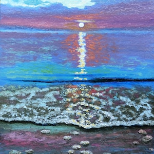 Schiuma marina al tramonto, dipinto a olio su carta, solo fatto a mano, opera d'arte a olio, impressionista, dimensioni 20 x 15 cm (7,8 x 5,9")