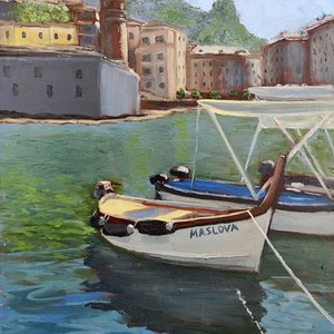 Mattina nella baia, Barche al molo, Dipinto ad olio su carta, Realizzato esclusivamente a mano, Dimensioni 29,7 x 42 cm (11,5 x 16,5")