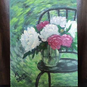 White and Pink Peonies in a Vase on a Chair on an Abstract Background, Original Oil Painting on Paper &quot;Fabriano&quot;, Size 20 x 15 cm (8 x 6&quot;)