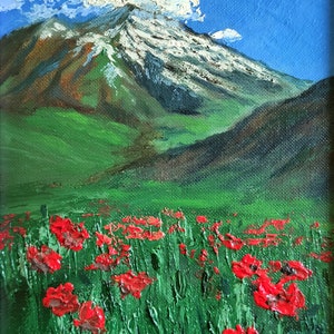 Primavera in montagna, Papaveri rossi, Dipinto ad olio su carta, Fatto a mano, Incorniciato, Misura con cornice 16 x 21 cm (6 x 8")