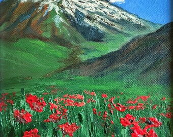 Spring in the Mountains, Red Poppies, Oil Painting on Paper, Handmade, Framed, Size with Frame 16 x 21 cm (6 x 8&quot;)
