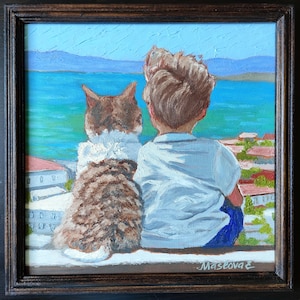 Los sueños se hacen realidad cuando sueñas junto a tu gato, pintura al óleo sobre cartón enmarcado, tamaño total con marco de madera 28 x 28 cm (11 x 11")