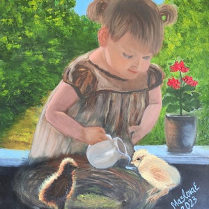 Ragazza che dà da mangiare ai polli, mattina di sole, pittura a olio originale su carta, dimensioni 37 x 32,5 cm (14,5 x 12,8")
