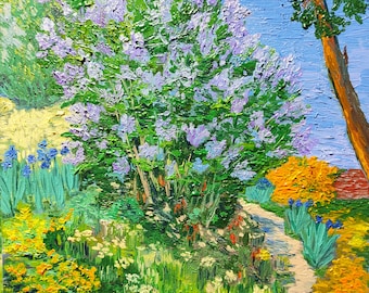 Blooming Lilac Bush, Van Gogh Style Oil Painting on Paper in a Wooden Frame, Only Handmade, Total Size 28 x 28 cm (11 x 11&quot;)