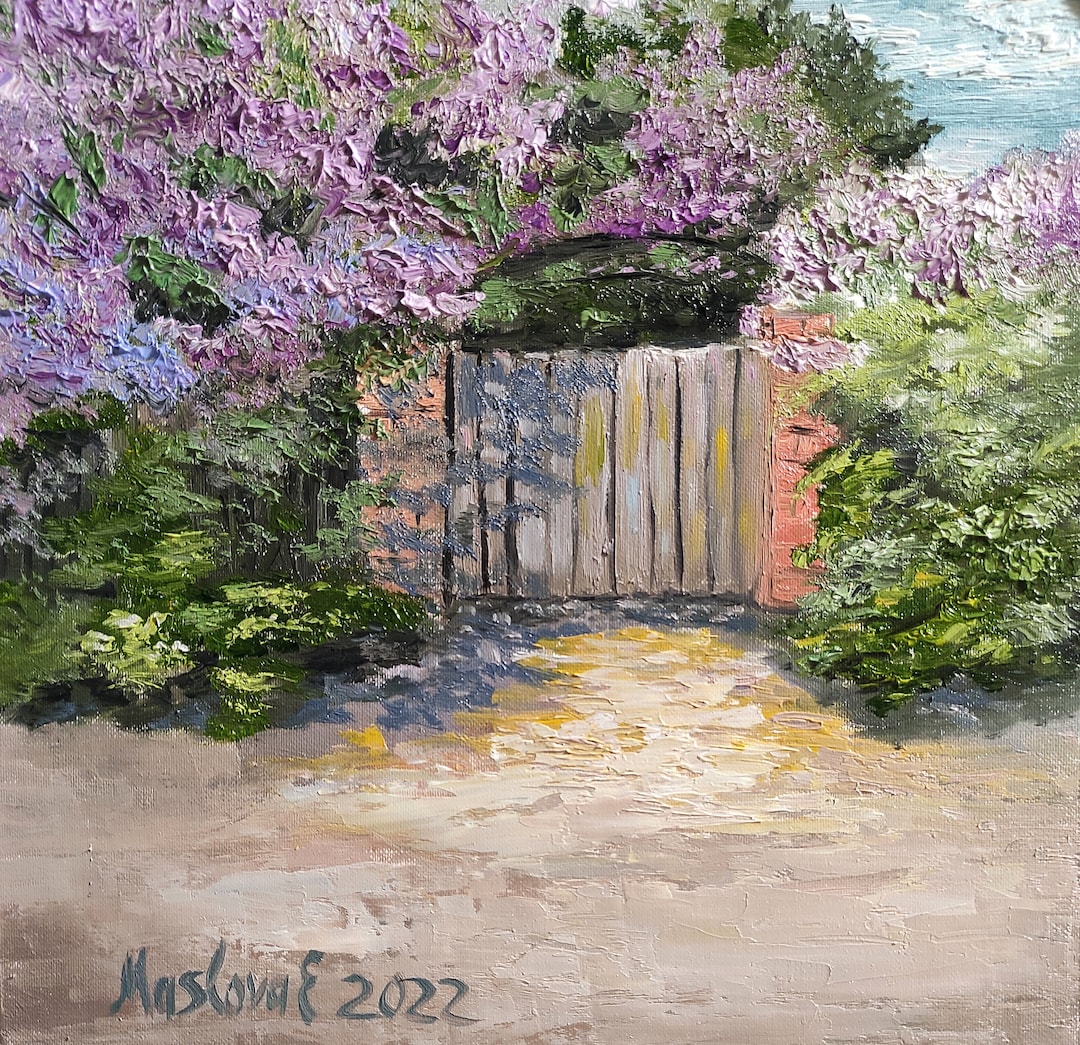 Lilac Garden Gate: Impressionist Oil Painting in Wood Frame (30x30 Cm ...
