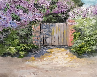 Small Gate to a Blooming Garden, Lilac Bushes, Impressionist Oil Painting on Paper in a Frame, Size with the Frame 30 x 30 cm