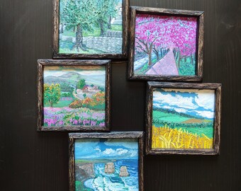 Landscape, Seascape, Five Original Oil Paintings on Paper, Ensemble Miniature paintings in wood frames, Total Size 32 x 26 cm