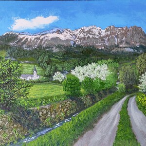 Primavera nelle montagne della Svizzera, meli in fiore, strada verso le montagne, pittura a olio su carta, dimensioni 29,7 x 42 cm (11,7 x 16,5")