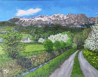Spring in the Mountains of Switzerland, Blooming Apple Trees, Road to the Mountains, Oil Painting on Paper, Size 29,7 x 42 cm (11.7 x 16.5")