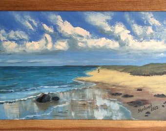 Walk Along the Coast of the Ocean, Oil Painting on Paper, Framed, Only Handmade, Size with Wooden Frame 56 x 38 cm (22 x 15&quot;)