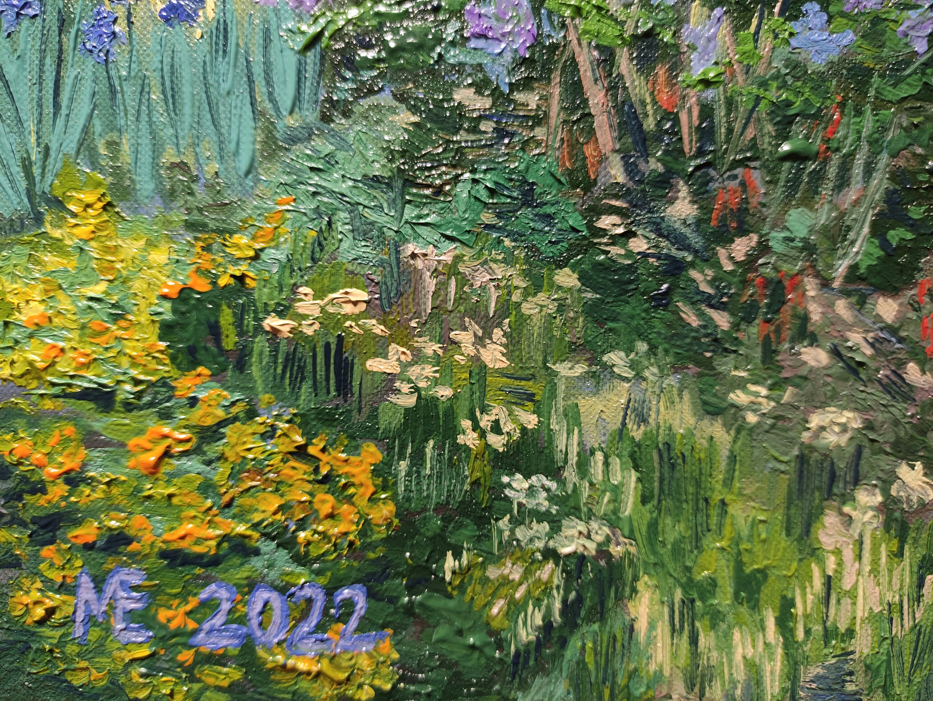 咲き誇るライラックの茂み、ゴッホ風の油絵、木製フレーム入り紙