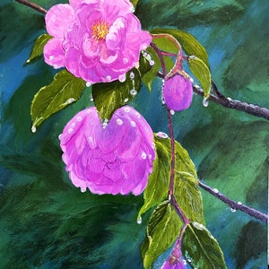 Dopo la pioggia primaverile, ramo con fiori viola, dipinto ad olio originale su carta, realizzato esclusivamente a mano, dimensioni 29,7 x 42 cm (11,7 x 16,5")